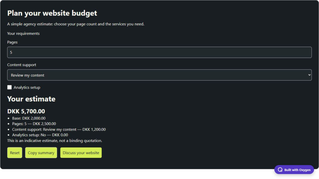 BO Service Calculator: a website budget example